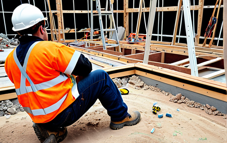 ** A construction site with visible safety hazards like exposed wiring, falling objects, and workers not wearing proper PPE (hard hats, safety shoes, harnesses). The scene should depict a sense of danger and highlight the importance of safety protocols.

**